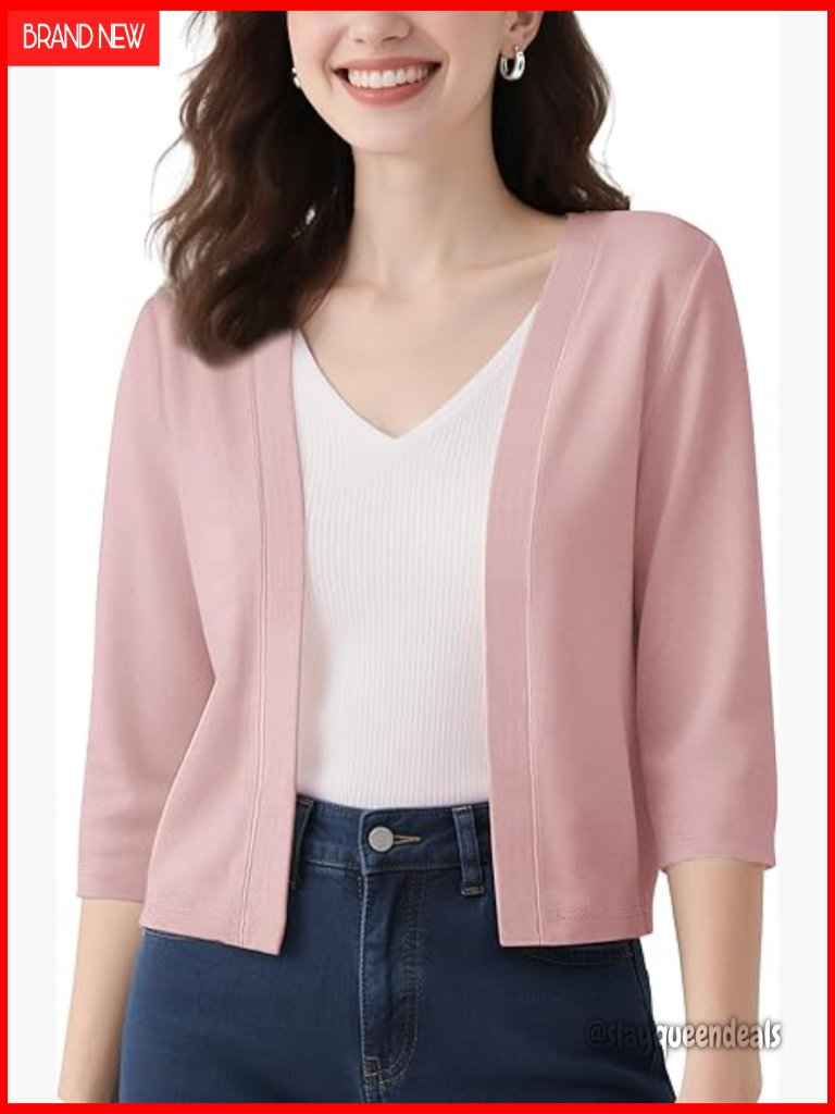 Womens Cropped Cardigan 3/4 Sleeve Open Front Lightweight Cover Up